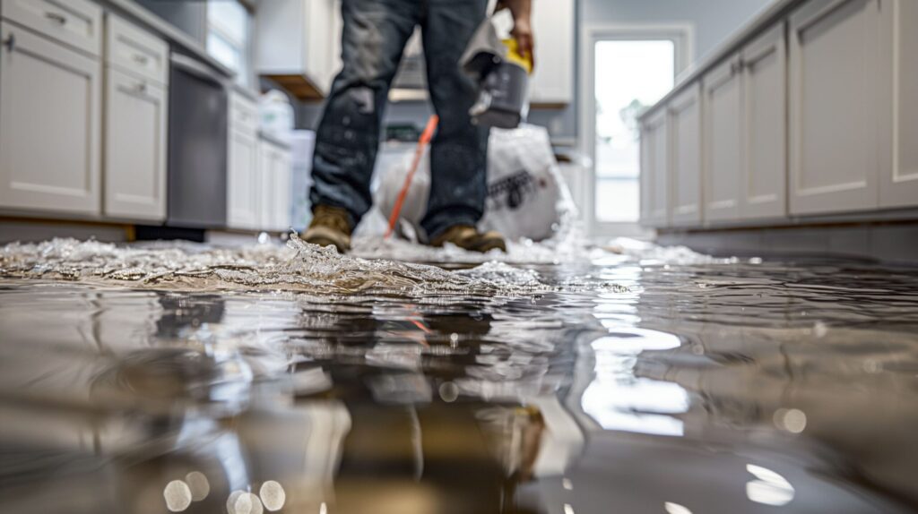 Standing water being removed from a kitchen floor